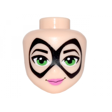 light nougat mini doll head friends with thin black pointed mask bright green eyes and dark pink lips pattern batgirl