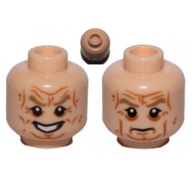 light nougat minifigure head dual sided wrinkles dark tan eyebrows bared teeth evil grin stern pattern sw palpatine