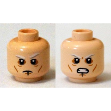 light nougat minifigure head dual sided gray and white eyebrows cheek lines raised eyebrow bared teeth pattern