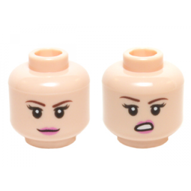 light nougat minifigure head dual sided female dark brown eyebrows dark pink lips with closed mouth smile open mouth lip raised pattern penny