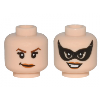 light nougat minifigure head dual sided female dark brown pointed eyebrows smirk black eye mask pointed smile pattern catwoman