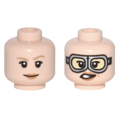 light nougat minifigure head dual sided female dark tan eyebrows smile silver goggles pattern jillian holtzmann