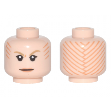 light nougat minifigure head female dark tan eyebrows orange lips and tattoo lines on front and back pattern