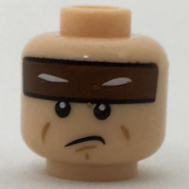 light nougat minifigure head reddish brown headband with squinted batman eyes sad mouth pattern