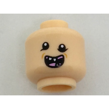 light nougat minifigure head uneven black eyes open mouth with missing teeth and pink tongue pattern