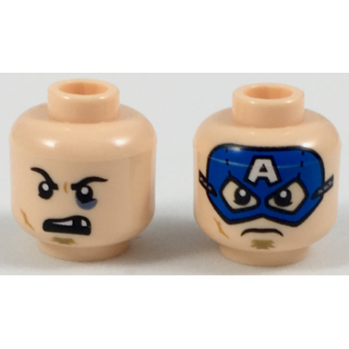 light nougat minifigure head dual sided black eyebrows dark tan soul patch black eye and missing tooth blue captain america mask pattern