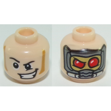 light nougat minifigure head dual sided black eyebrows sideburns open mouth smile mask with red eyes pattern star lord