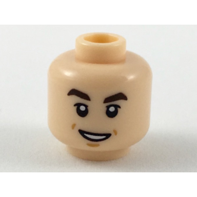 light nougat minifigure head dark brown eyebrows small lopsided grin pattern