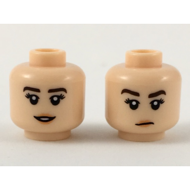light nougat minifigure head dual sided female dark brown eyebrows nougat lips neutral expression small smile pattern