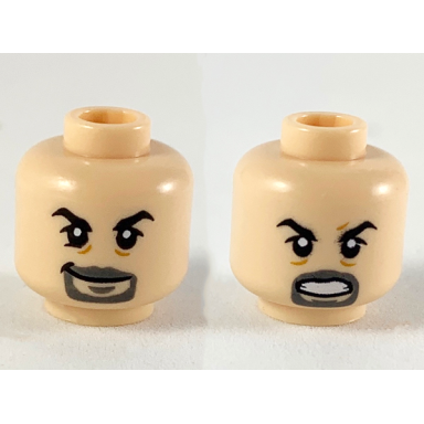 light nougat minifigure head dual sided black eyebrows dark bluish gray goatee smile angry pattern