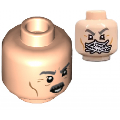 light nougat minifigure head dual sided dark bluish gray moustache thick eyebrows wrinkles and cheek lines spider web over mouth pattern