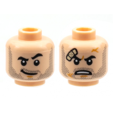 light nougat minifigure head dual sided black eyebrows dark bluish gray stubble grin with raised eyebrow scowl with bandage pattern