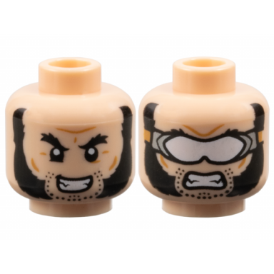 light nougat minifigure head dual sided bushy black eyebrows mutton chops and stubble open mouth smile bared teeth and white goggles pattern