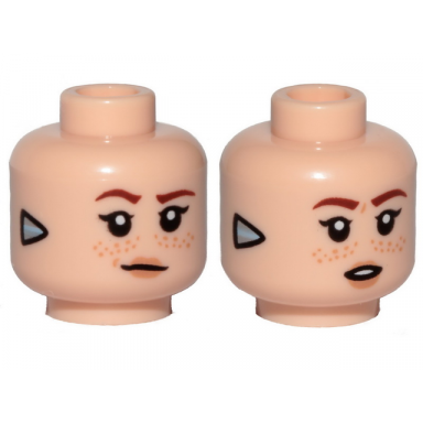 light nougat minifigure head dual sided female dark orange eyebrows freckles lips silver triangle focus on sides smile open mouth pattern