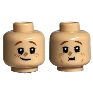 light nougat minifigure head dual sided dark orange eyebrows medium nougat freckles dark tan scuff mark lopsided grin eating pattern