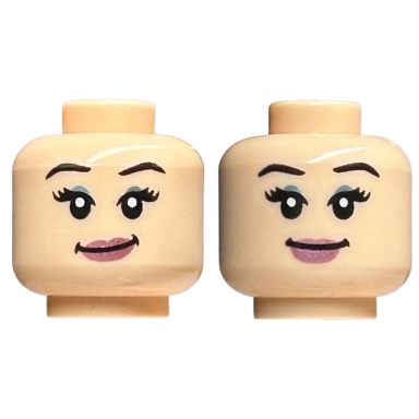 light nougat minifigure head dual sided female black eyebrows metallic light blue eye shadow metallic pink lips smirk smile pattern
