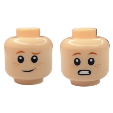 light nougat minifigure head dual sided child dark orange eyebrows nougat freckles grin with medium nougat dimple surprised open mouth with teeth pattern