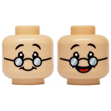 light nougat minifigure head dual sided black eyebrows bright light blue glasses smile open mouth smile with red tongue pattern
