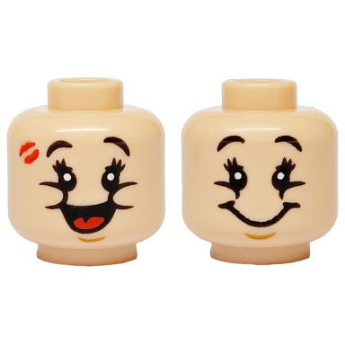 light nougat minifigure head dual sided black eyebrows and eyelashes medium nougat chin dimple lipstick print open mouth smile with red tongue wide smile pattern