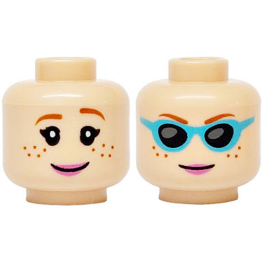 light nougat minifigure head dual sided female dark orange eyebrows and freckles bright pink lips smile medium azure sunglasses with black lenses pattern