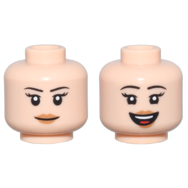 light nougat minifigure head dual sided female thin black eyebrows long eyelashes medium nougat lips closed mouth smile open mouth smile pattern