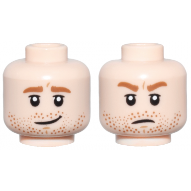 light nougat minifigure head dual sided dark orange eyebrows and beard stubble nougat dimples crooked smile frown pattern