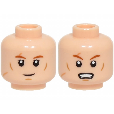 light nougat minifigure head dual sided dark orange eyebrows medium nougat cheek lines chin dimple scars grin scared open mouth with teeth pattern