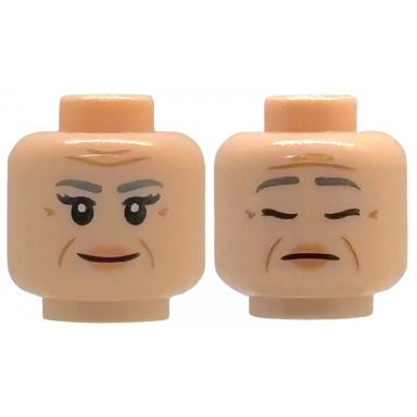 light nougat minifigure head dual sided female dark bluish gray eyebrows double eyelashes medium nougat jowl lines forehead creases and wrinkles nougat lips grin sleeping with closed eyes pattern