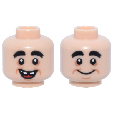 light nougat minifigure head dual sided black thick eyebrows medium nougat eye shadow jowl lines and chin dimple open mouth smile with teeth and red tongue grin pattern