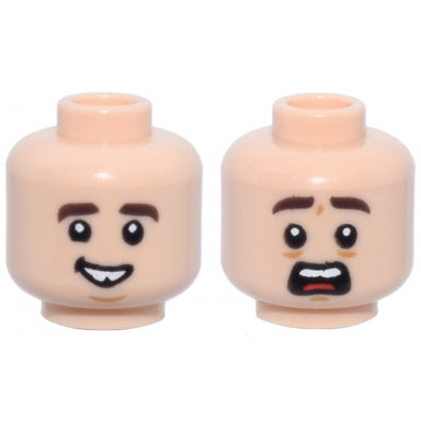 light nougat minifigure head dual sided dark brown eyebrows smile with tooth gap open mouth scared with red tongue pattern