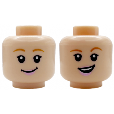 light nougat minifigure head dual sided female medium nougat eyebrows bright pink lips open mouth smile with top teeth grin pattern