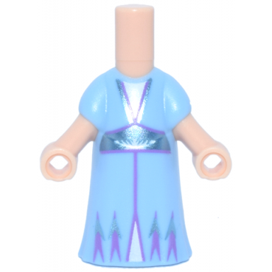 micro doll body with molded bright light blue dress and printed metallic light blue and medium lavender trim with center line white triangular panels and half snowflake pattern