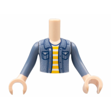 torso mini doll boy sand blue denim jacket white and bright light orange striped shirt pattern light nougat arms with hands with sand blue sleeves