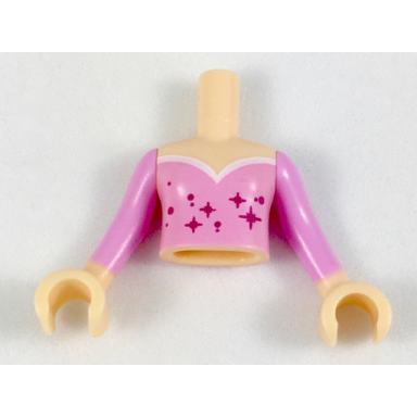light nougat torso mini doll girl bright pink top with magenta stars and white trim pattern light nougat arms with hands with bright pink sleeves