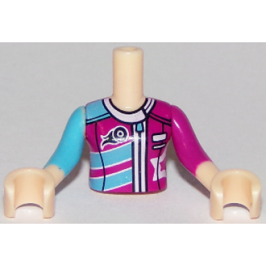 light nougat torso mini doll girl magenta and medium azure racing jacket pattern light nougat arms with hands with medium azure right sleeve magenta left sleeve