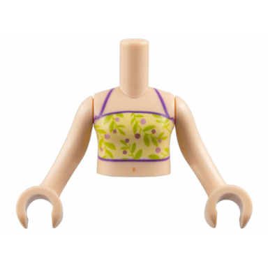 light nougat torso mini doll girl yellowish green top with vines and metallic purple circles pattern light nougat arms with hands