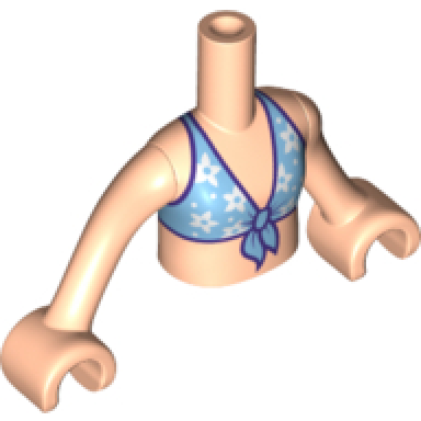 light nougat torso mini doll girl medium blue bikini top with white flowers and dark purple edges pattern light nougat arms with hands