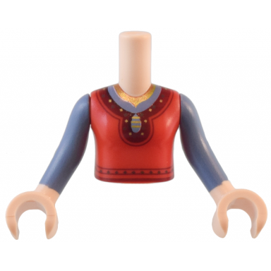 light nougat torso mini doll girl red top with dark red hem gold collar and sparkles pattern light nougat arms and hands with sand blue long sleeves