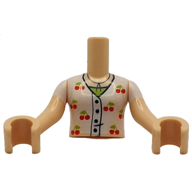 light nougat torso mini doll girl white shirt with black buttons and red cherries over lime top pattern light nougat arms with hands with white short sleeves