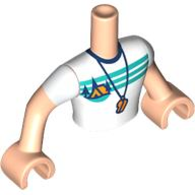 light nougat torso mini doll man white t-shirt with orange tent dark blue trees dark turquoise sky and ground and whistle pattern light nougat arms with hands with white short sleeves