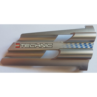 metallic silver technic panel fairing 3 large long large holes side a with lego technic logo and fading blue checkered pattern sticker - set 8458