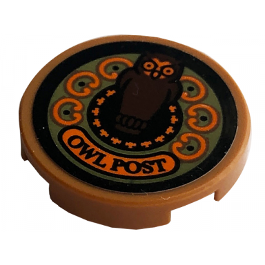 medium nougat tile round 2 x 2 with bottom stud holder with owl post logo pattern sticker - set 76422