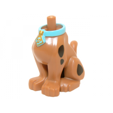 medium nougat dog body great dane scooby-doo sitting with gold sd on medium azure collar and black spots pattern