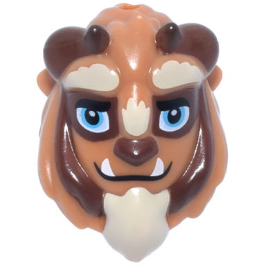 mini doll headgear mask beast holes on top and back with reddish brown horns black thick eyebrows medium azure eyes with single glints white fangs and tan beard pattern