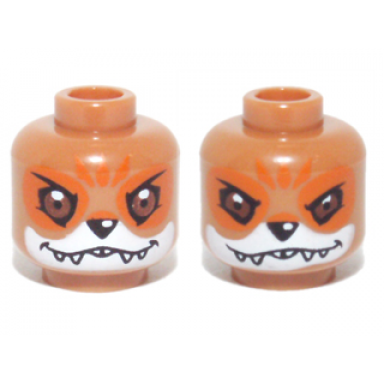 medium nougat minifigure head dual sided alien chima fox with black nose reddish brown eyes orange eye shadow and forehead marks white muzzle and sharp teeth happy fierce pattern