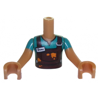 torso mini doll boy dark turquoise top with dark brown overalls and name tag pattern medium nougat arms with hands with dark turquoise sleeves