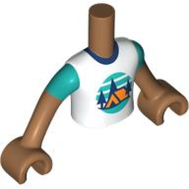 medium nougat torso mini doll boy white t-shirt with orange tent dark blue trees dark turquoise sky and ground pattern medium nougat arms with hands with dark turquoise short sleeves
