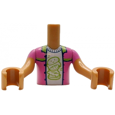 medium nougat torso mini doll boy dark pink jacket open with lime collar and trim over white shirt with hamburger with face pattern medium nougat arms with hands with dark pink short sleeves