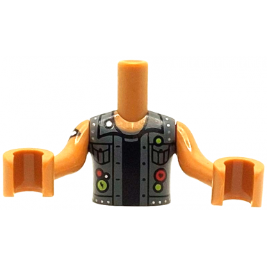 medium nougat torso mini doll boy dark bluish gray vest black buttons collar pockets and shirt silver studs red and lime circles with heart and lightning 1dad in squares on back pattern medium nougat arms with hands with red heart tattoo