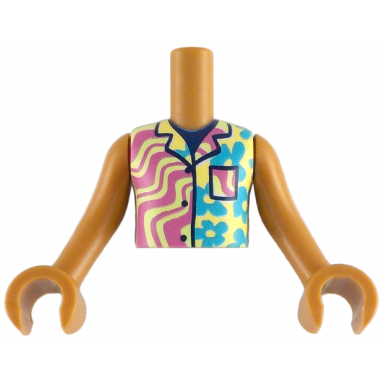 medium nougat torso mini doll boy yellowish green sleeveless shirt with dark azure flowers and dark pink wavy stripes pattern medium nougat arms with hands